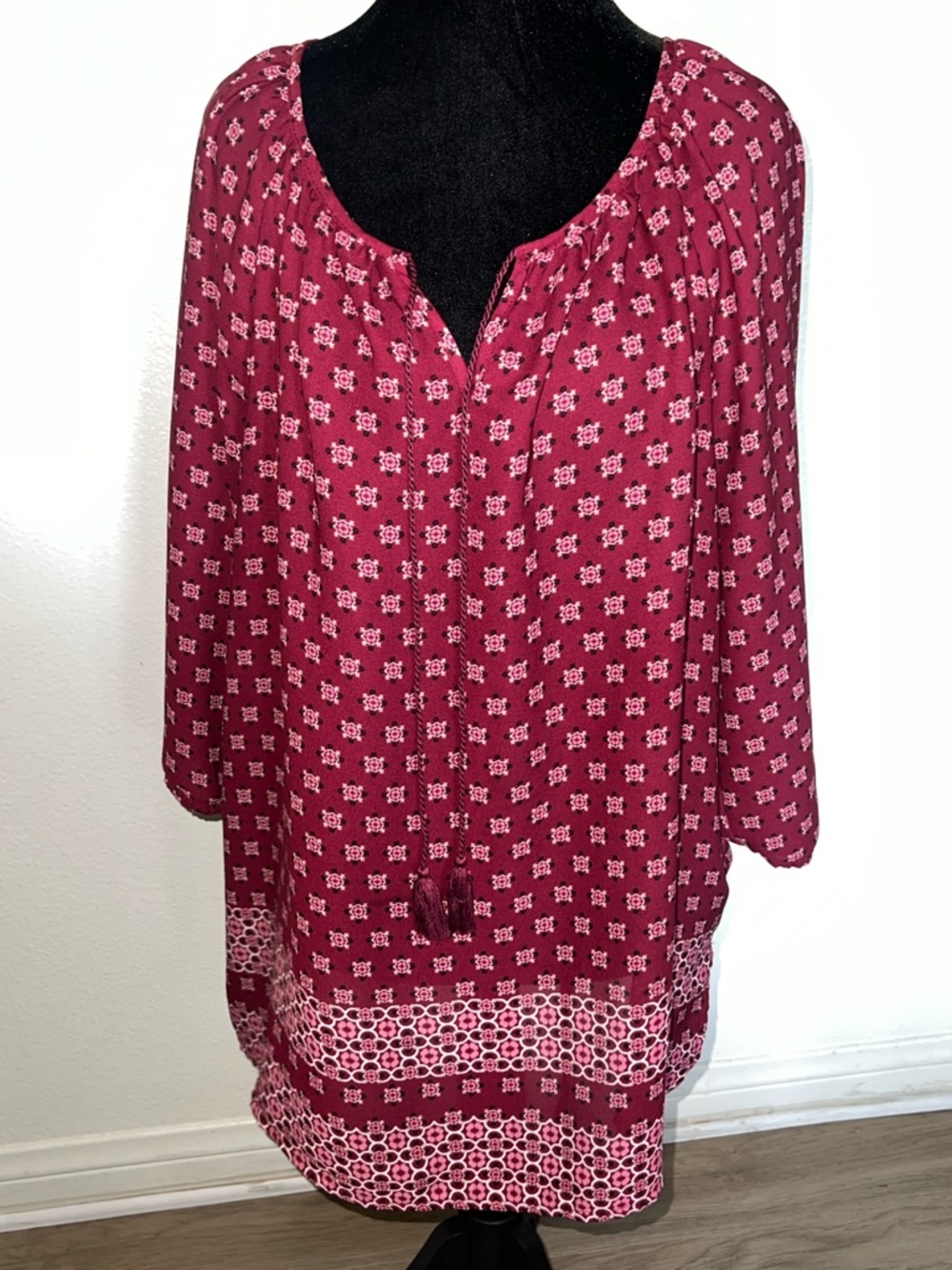Peasant Bohemian Festival Scoop Neck Tassle Tie Blouse Sz Large